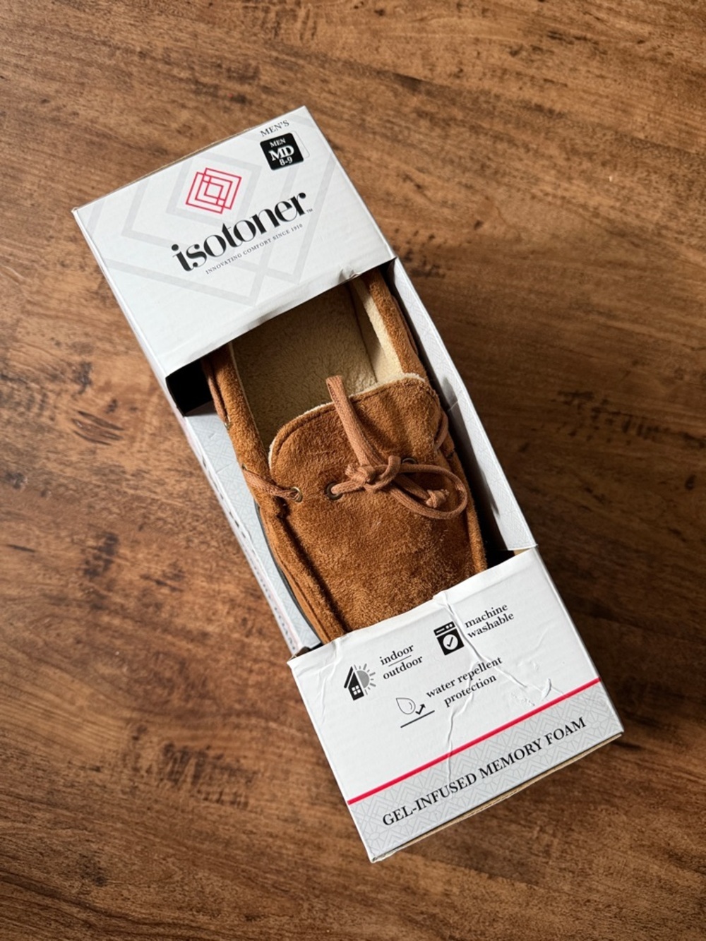 isotoner Men's Moccasin Slipper in Chestnut Brown